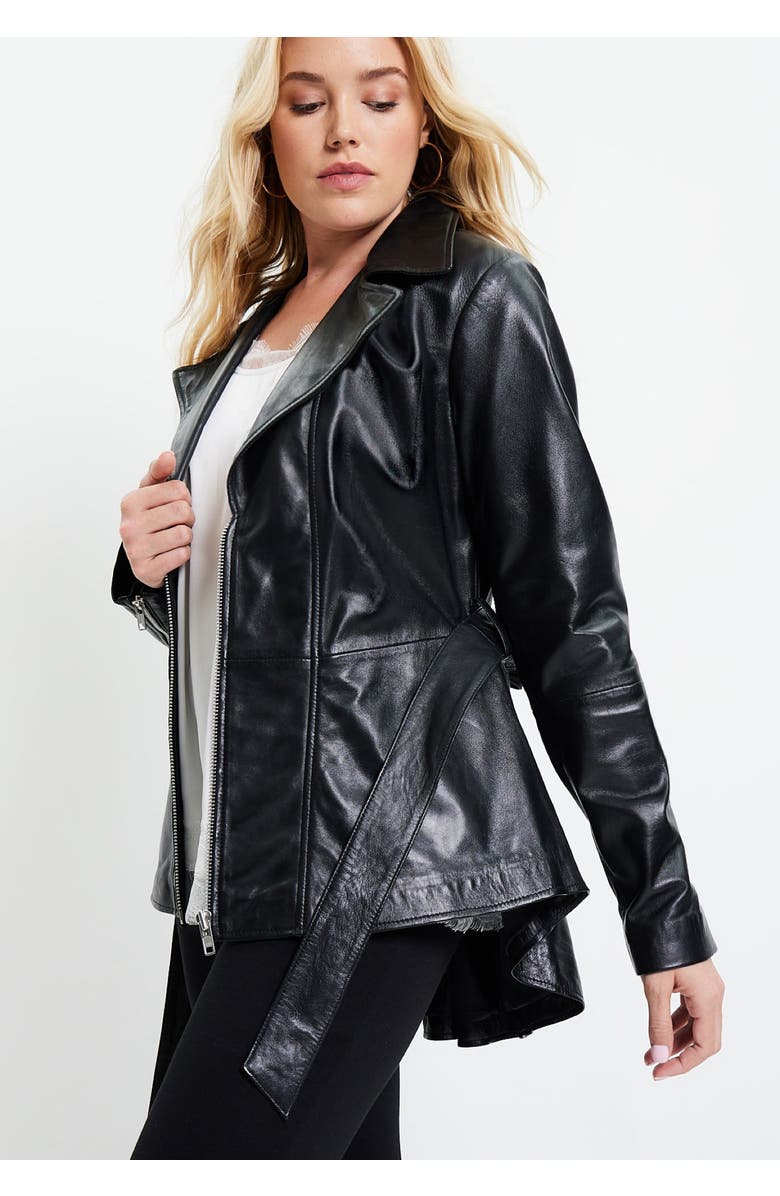 June + Vie High-Low Belted Leather Jacket, Alternate, color, Black