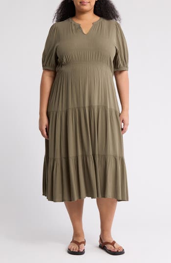 Melrose And Market Crinkle Midi Dress In Olive Kalamata