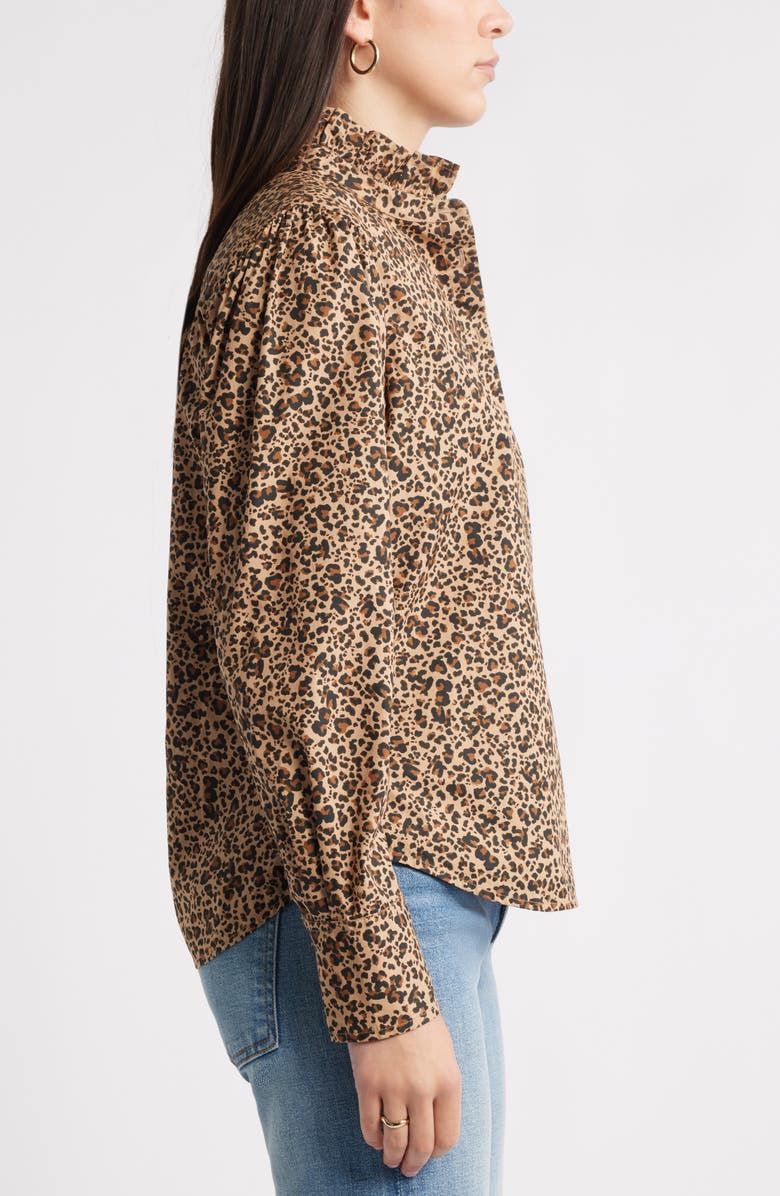 Caslon<sup
®</sup
Ruffle Puff Sleeve Cotton Button-Up Shirt, Alternate, color, Tan Tannin Jackie Leopard