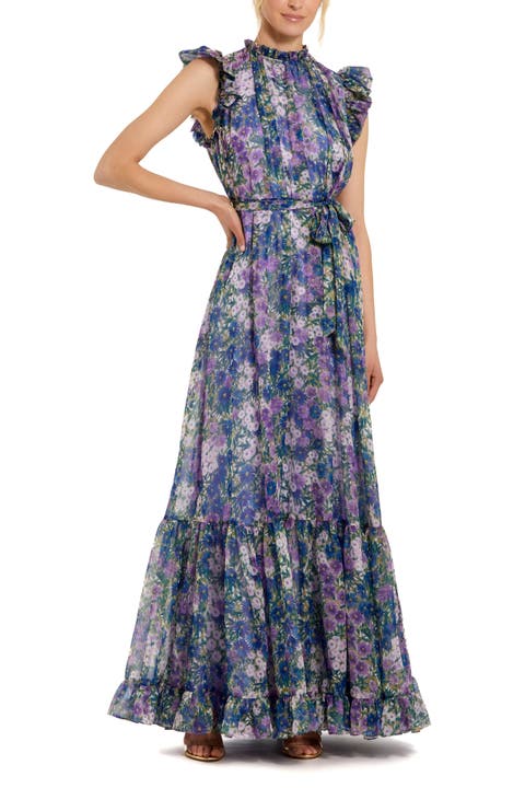 Belted Floral Chiffon Ruffle Sleeve Gown