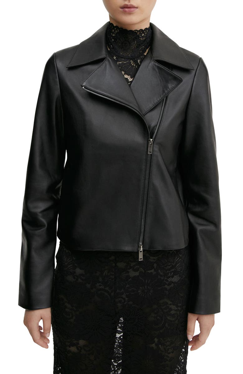 MANGO Leather Moto Jacket, Main, color, 