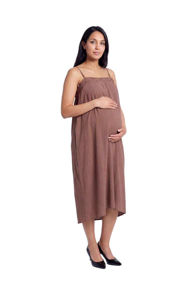 Maternity Essential Spaghetti Strap Smocked Pocket A-Line Maxi Dress, Alternate, color, Mocha