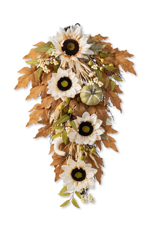 Fall Neutral Sunflower Pumpkin and Leaf Teardrop