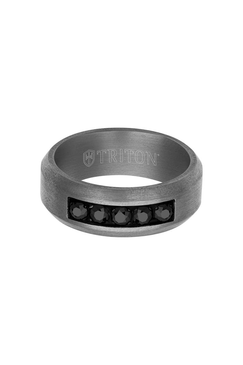 8MM Tantalum Ring with Channel Set Black Sapphires and Bevel Edge, Alternate, color, Metallic Silver
