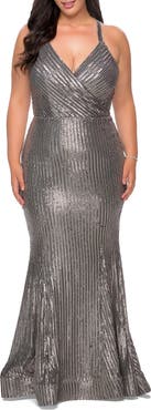 La Femme Sequin Plus Size Dress with Criss Cross Back