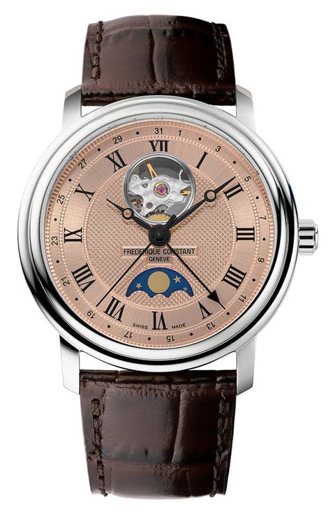 Heart Beat Moon Phase Automatic Leather Strap Watch, 40mm