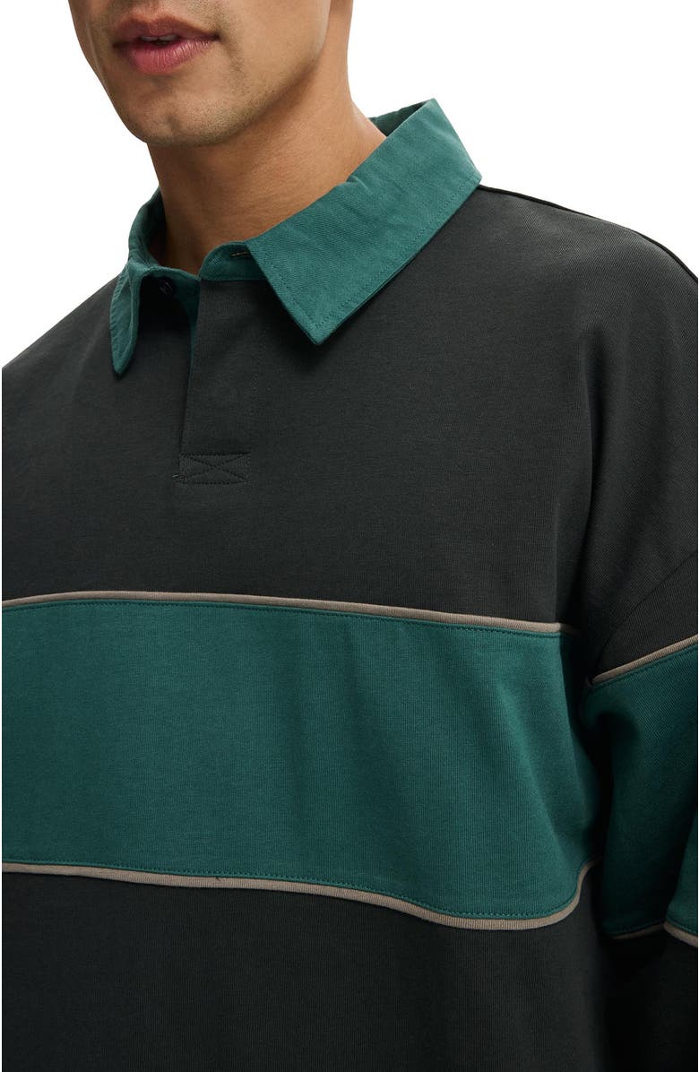 Cotton On Men's Cropped Fit Rugby Polo, Alternate, color, Washed Black Green Panel