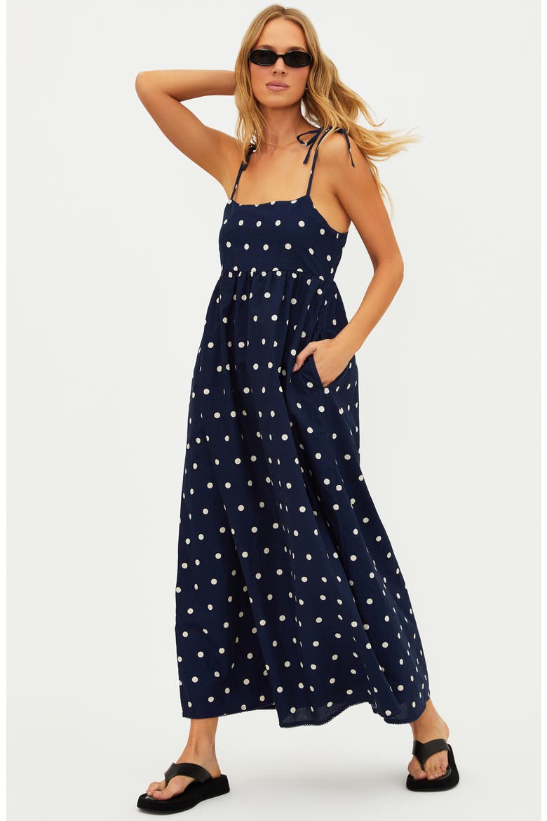 Valory Tie Strap Cotton & Linen Cover-Up Maxi Dress, Alternate, color, NAVY POLKA DOT
