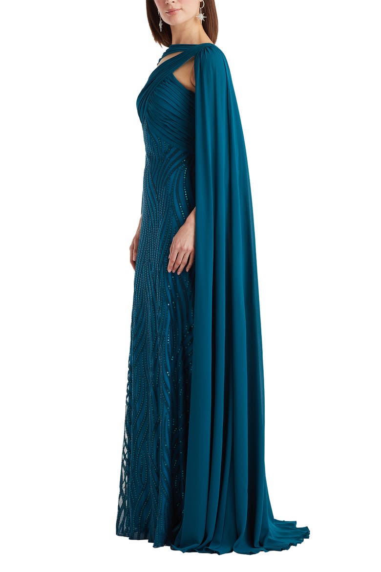 Sequin Pleat Cape Gown, Alternate, color, STARRY NIGHT