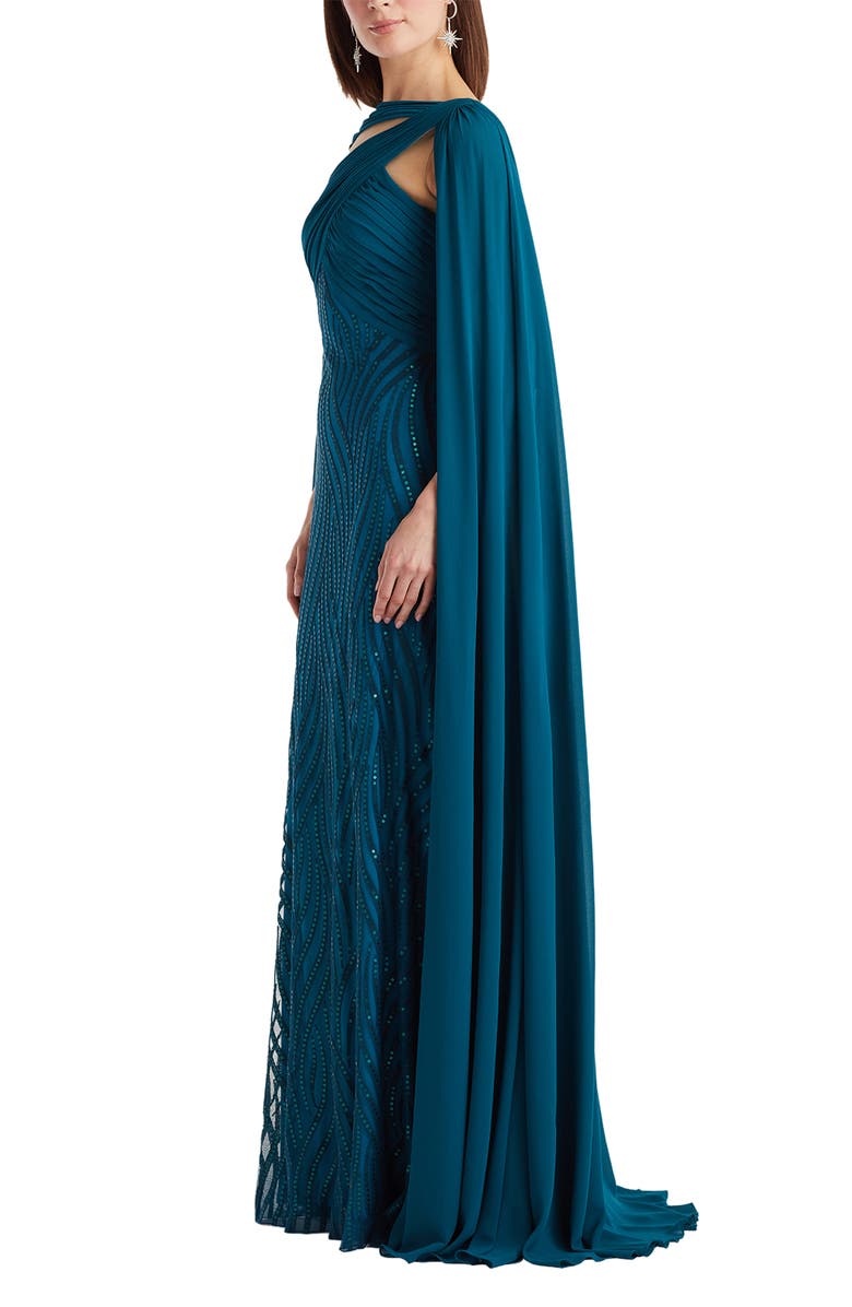 Tadashi Shoji Sequin Pleat Cape Gown, Alternate, color, Starry Night