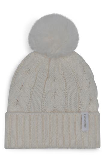 Calvin Klein Faux Fur Pompom Beanie In Gray
