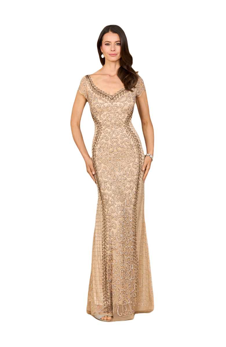LARA New York Beaded Mermaid Cap Sleeve Gown, Main, color, Nude