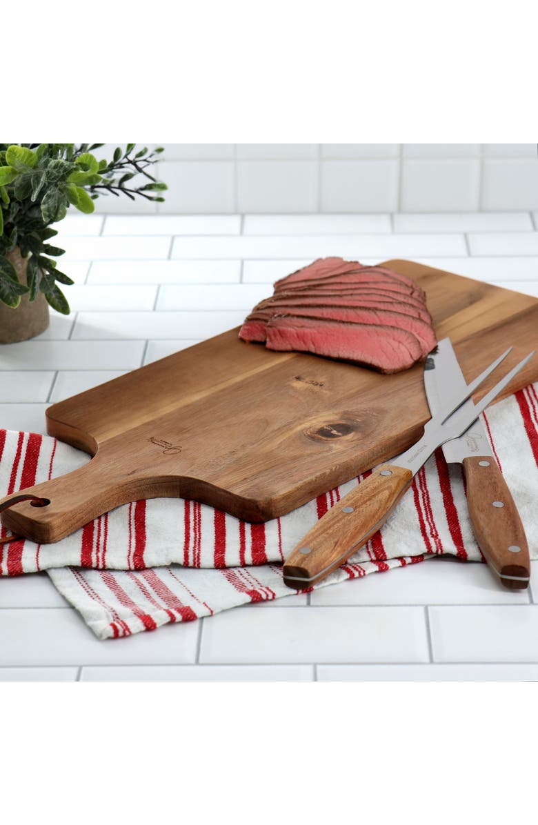 Gibson Elite 3 Piece Acacia Wood Serving Board with Carving Knife and Fork, Alternate, color, Brown