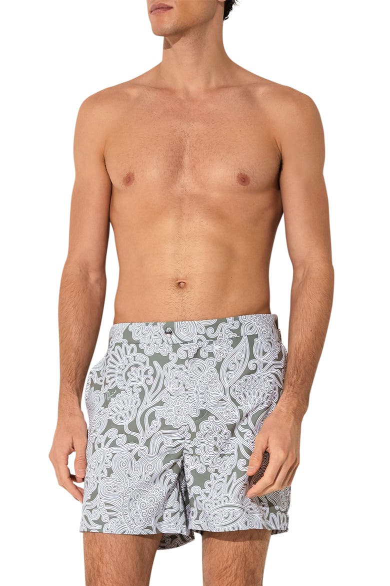 Fallow Floral Side Adjuster Swim Trunks, Main, color, SAGE GREEN