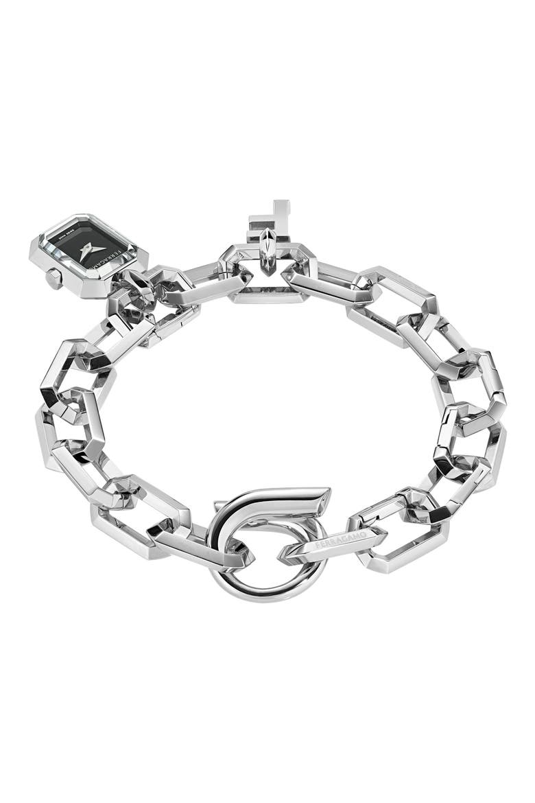'F' Charm Bracelet Watch, 16mm x 21mm, Alternate, color, STAINLESS STEEL