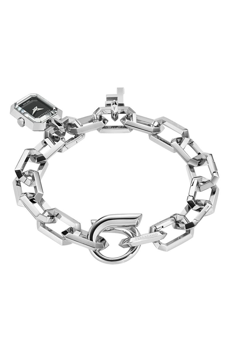 FERRAGAMO 'F' Charm Bracelet Watch, 16mm x 21mm, Alternate, color, Stainless Steel