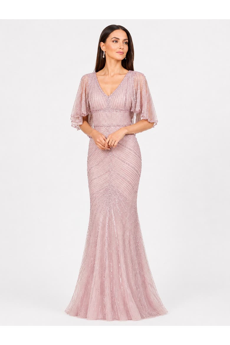 Beaded Faux-Wrap V-Neck Bridal Gown, Alternate, color, Blush
