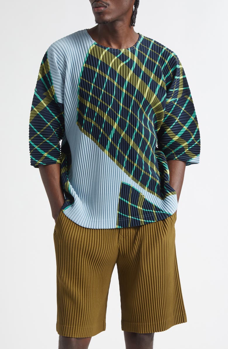 Homme Plissé Issey Miyake Windswept Plaid Pleated Top, Main, color, Blue Gray