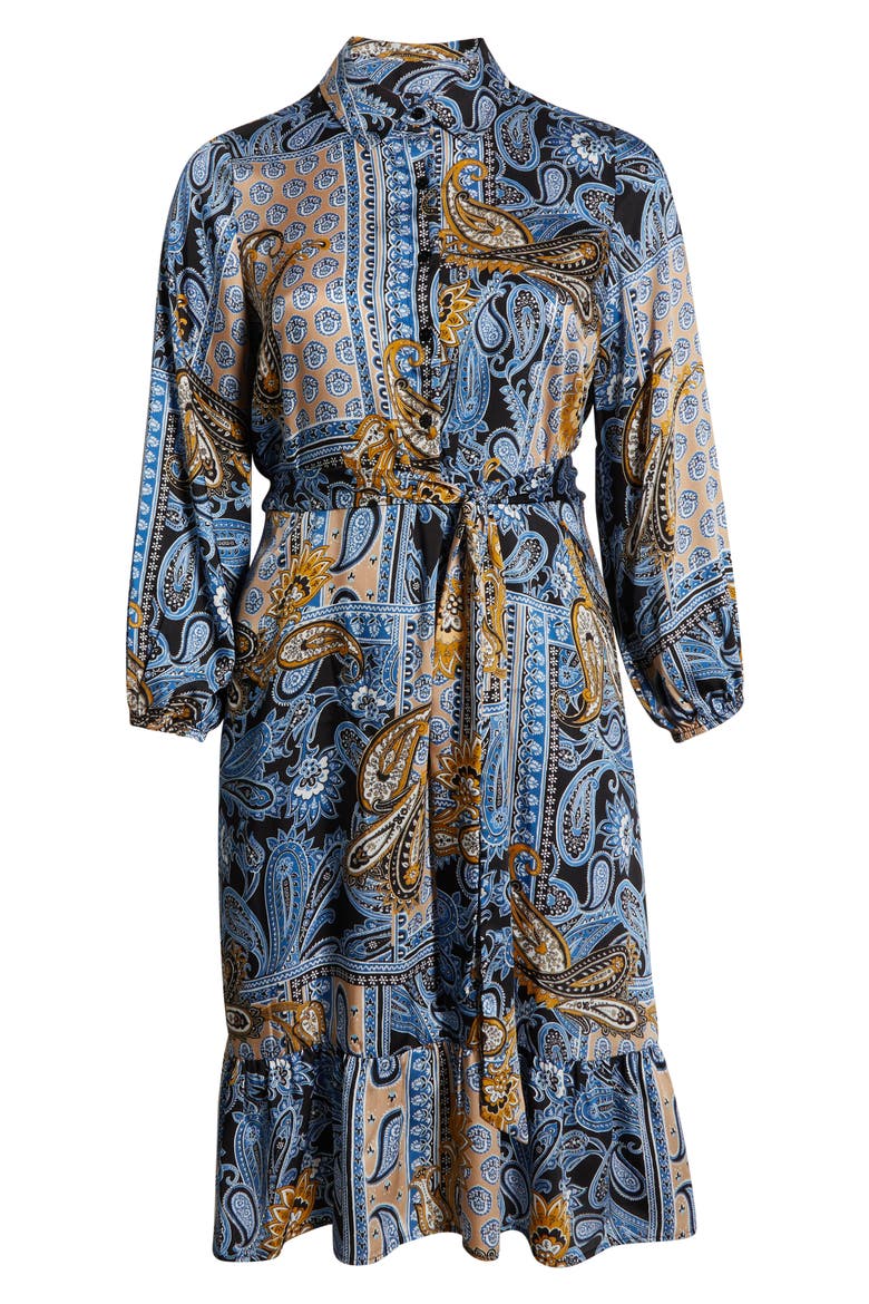 Long Sleeve Tie Belt Satin Shirtdress, Alternate, color, BLUE LAGOON MULTI