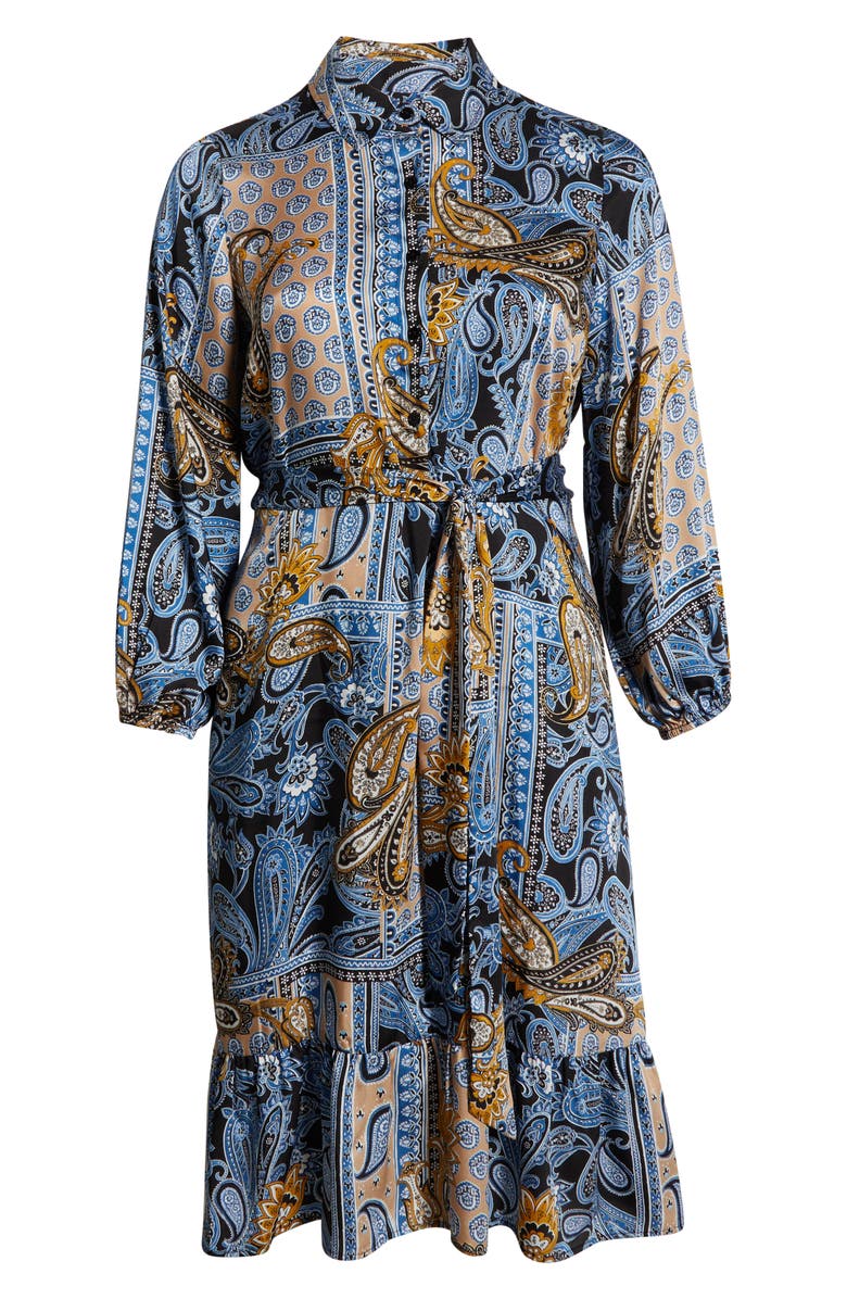 Jones New York Long Sleeve Tie Belt Satin Shirtdress, Alternate, color, Blue Lagoon Multi