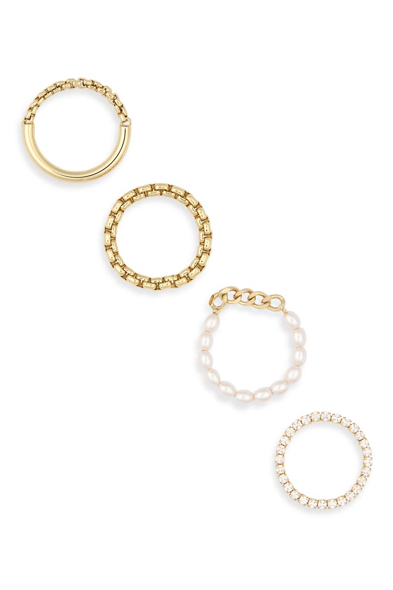 Set of 4 Cubic Zirconia & Faux Pearl Stackable Rings, Main, color, WHITE / GOLD