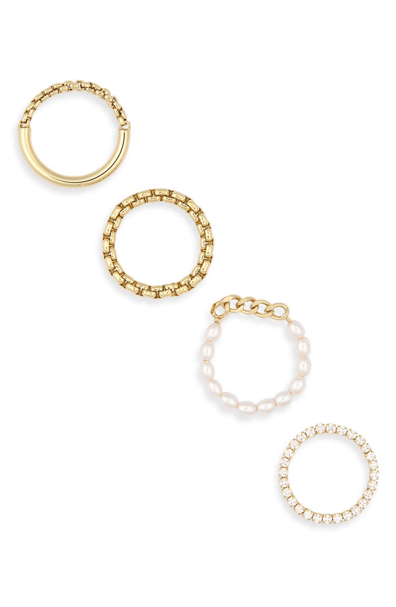 Covet Set of 4 Cubic Zirconia & Faux Pearl Stackable Rings, Main, color, White / Gold