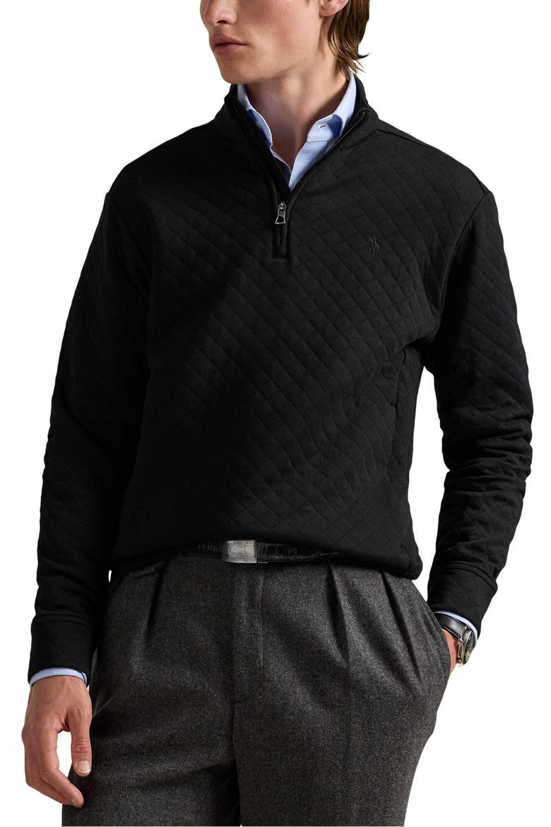 Micro Quilted Cotton Quarter Zip Pullover, Main, color, POLO BLACK