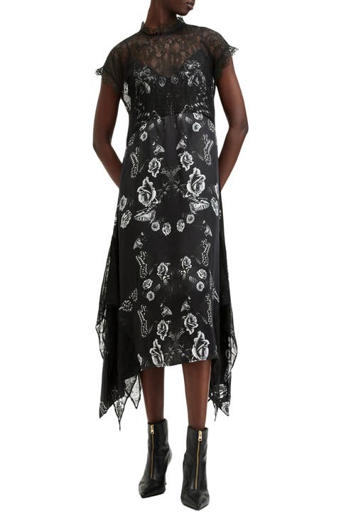 Gian Floral & Lace Handkerchief Hem Dress
