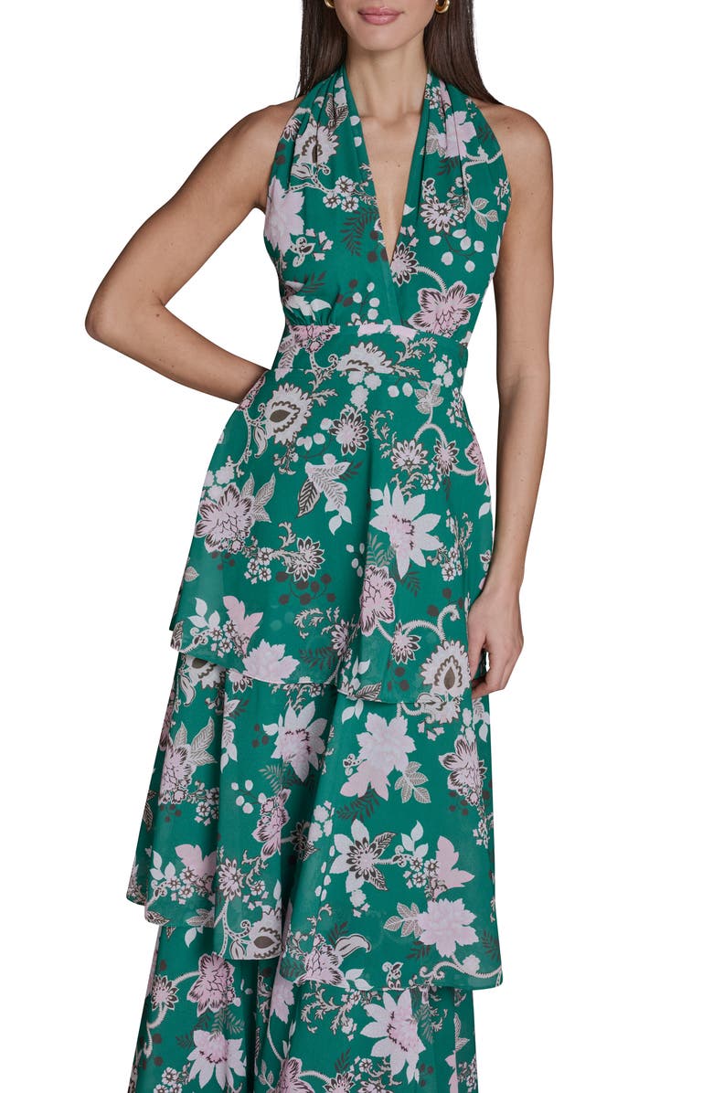 BCBG Floral Tiered Halter Maxi Dress, Alternate, color, Lush Green Multi