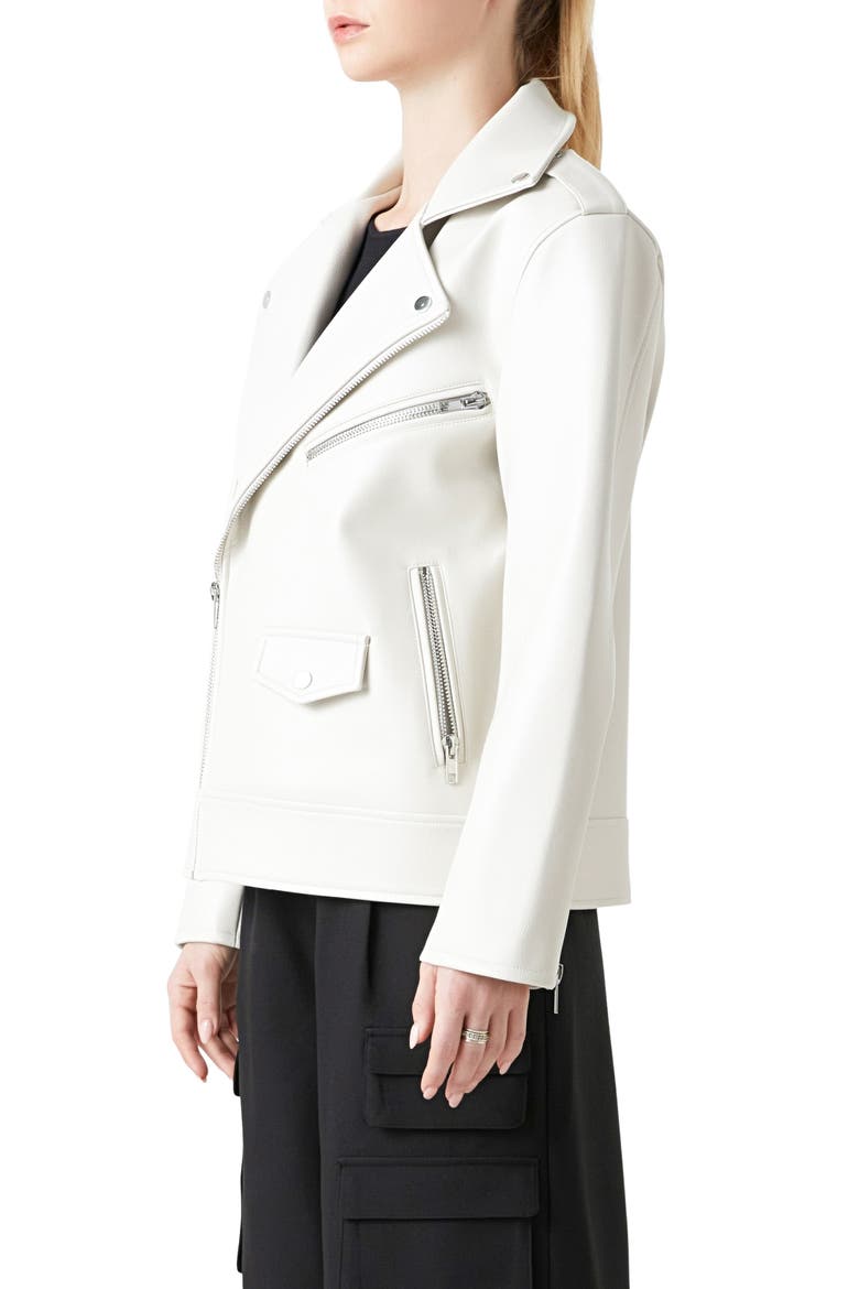Padded Shoulder Faux Leather Biker Jacket, Alternate, color, BEIGE