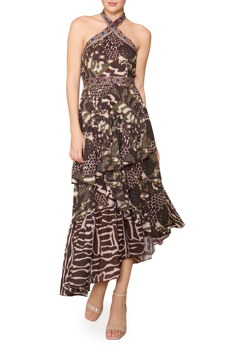 Mixed Print Tiered Asymmetric Hem Halter Dress, Main, color, BROWN/ MULTI GEO