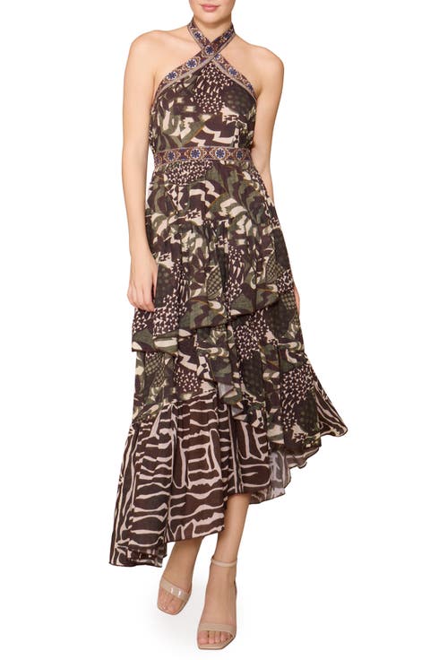 Mixed Print Tiered Asymmetric Hem Halter Dress
