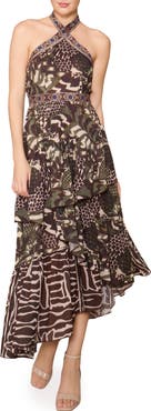 MELLODAY Mixed Print Tiered Asymmetric Hem Halter Dress