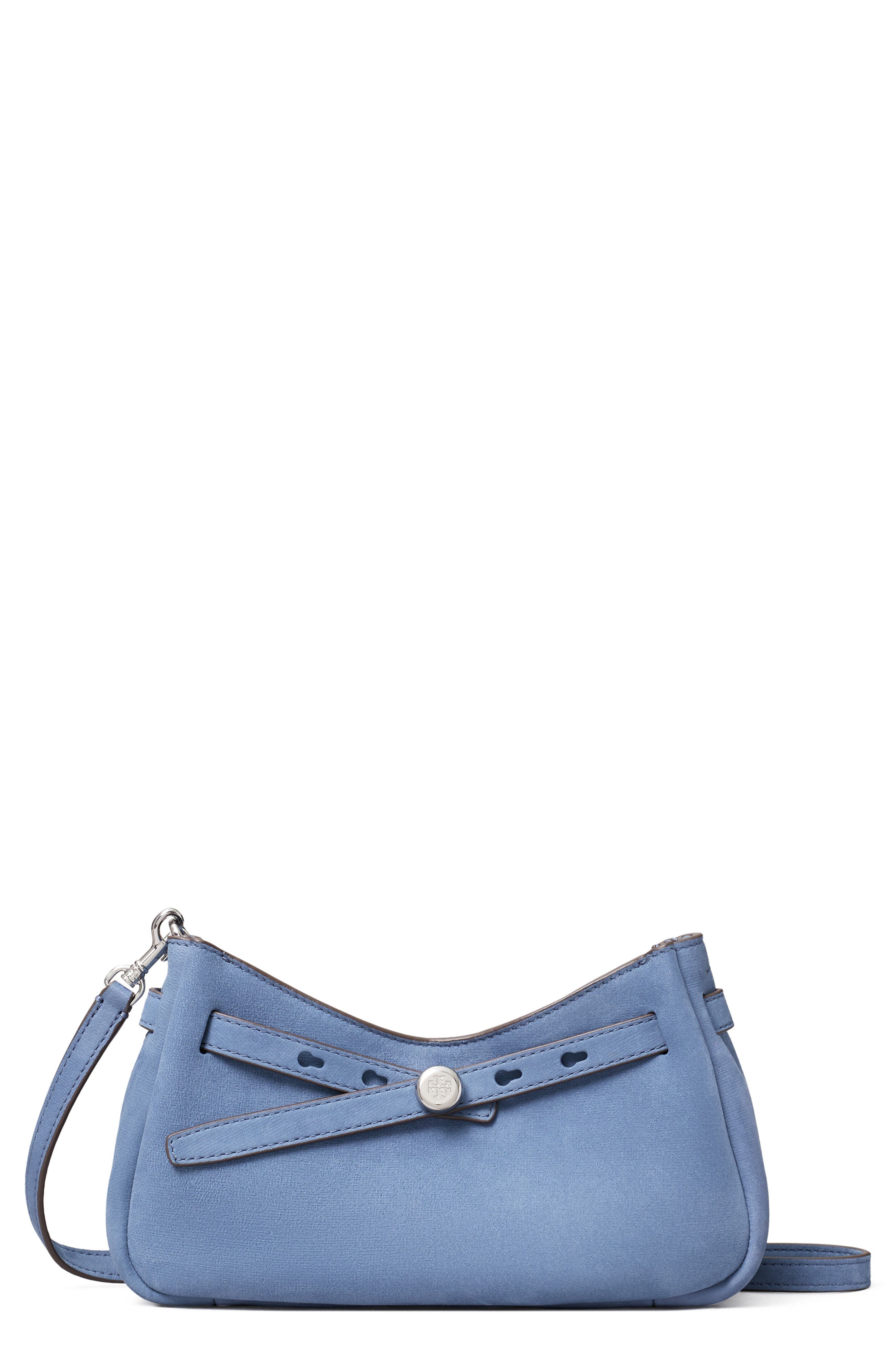 Tory Burch Romy Zip Top Leather Crossbody Bag, Main, color, Soft Blue