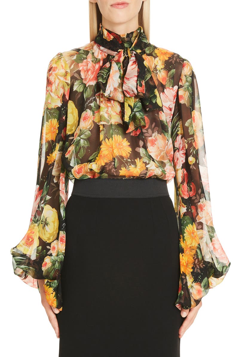 Dolce&Gabbana Floral Print Tie Neck Chiffon Blouse, Main, color, 