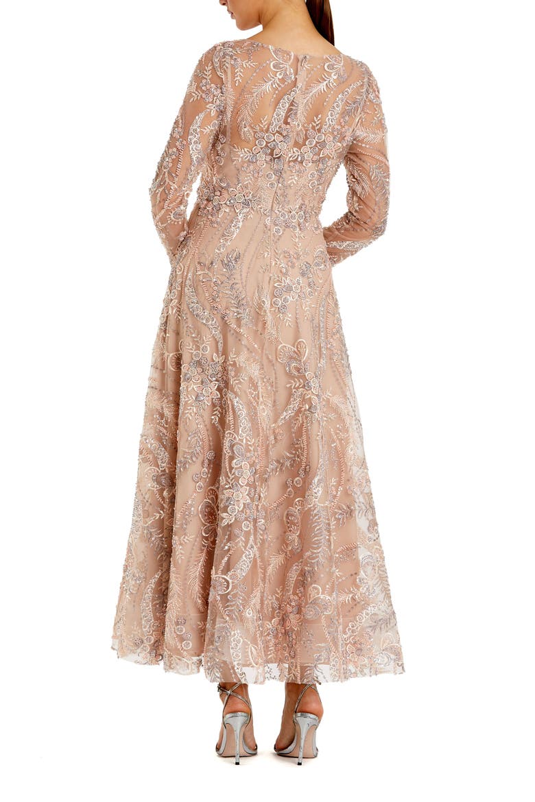 Floral Embroidered V-Neck Long Sleeve Midi Dress, Alternate, color, Champagne