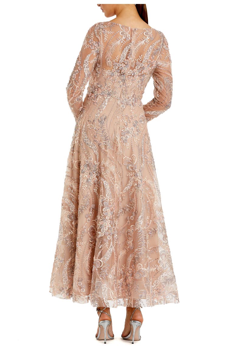 Mac Duggal Floral Embroidered V-Neck Long Sleeve Midi Dress, Alternate, color, Champagne