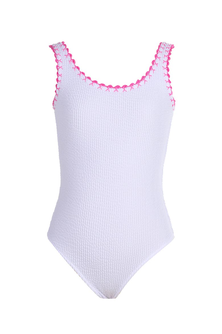 Textured Pink Embroidery One-Piece Swimsuit, Main, color, White