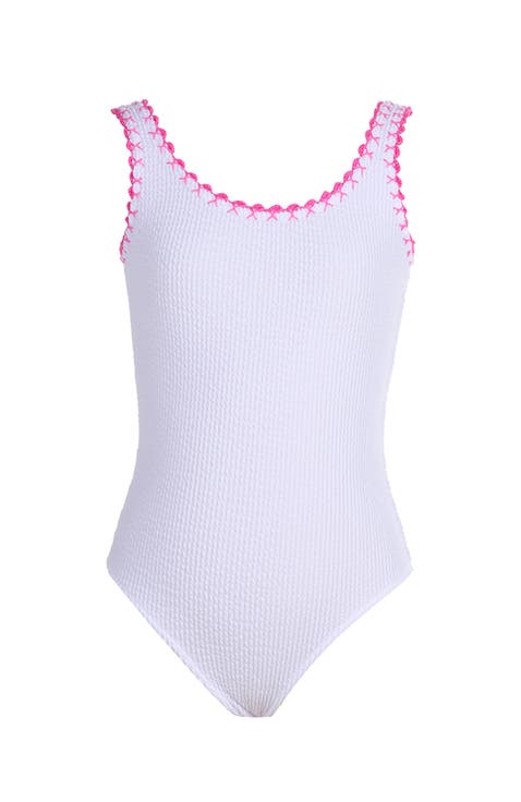 Textured Pink Embroidery One-Piece Swimsuit