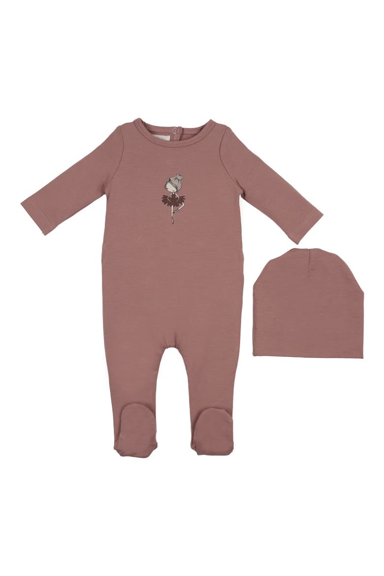 Ballerina Print Cotton Blend Footie & Beanie Set, Main, color, BERRY