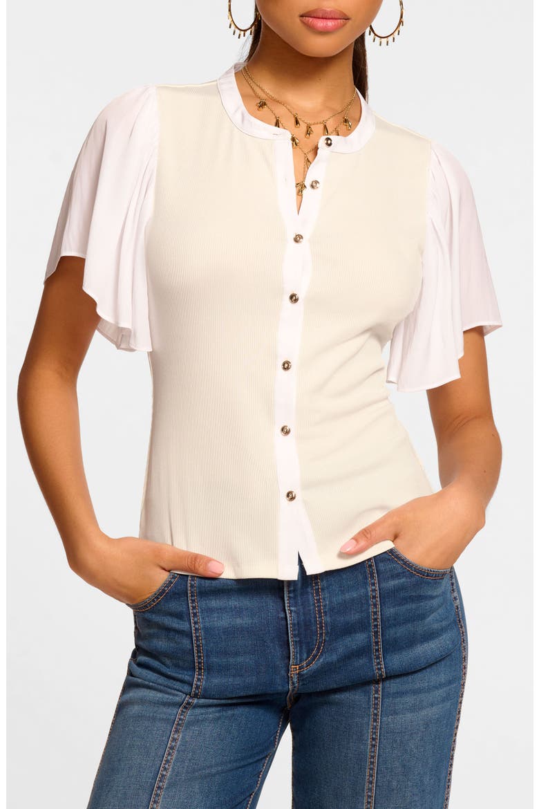 Colette Mixed Media Flutter Sleeve Top, Main, color, IVORY