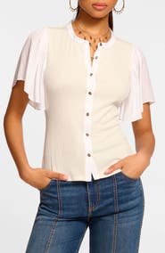 Ramy Brook Colette Mixed Media Flutter Sleeve Top