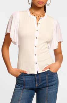 Ramy Brook Colette Mixed Media Flutter Sleeve Top