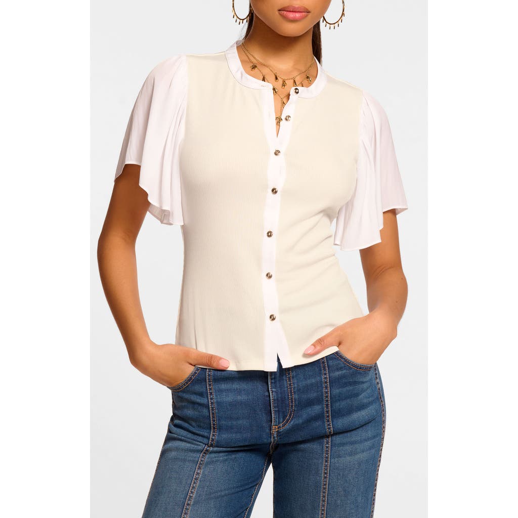 Shop Ramy Brook Colette Mixed Media Flutter Sleeve Top In Ivory