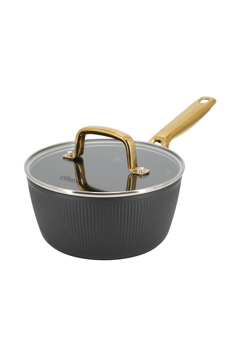 Abbottsford 2.5 Quart Nonstick Aluminum Saucepan with Glass Lid, Main, color, Black
