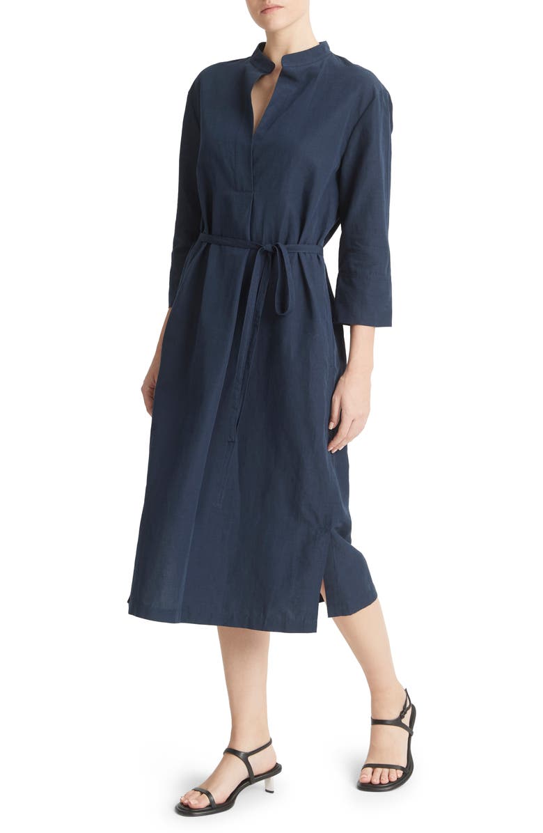 Vince Split Neck Belted Midi Dress, Alternate, color, Coastal