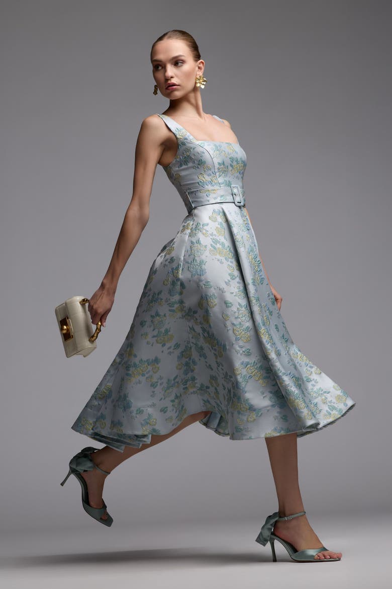 Sleeveless Belted A-Line Midi Dress, Alternate, color, Blue Multi