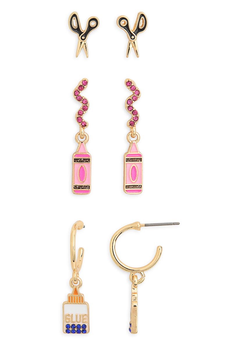 BaubleBar 3-Piece Back to School Supplies Earrings Set, Main, color, Pink Multi