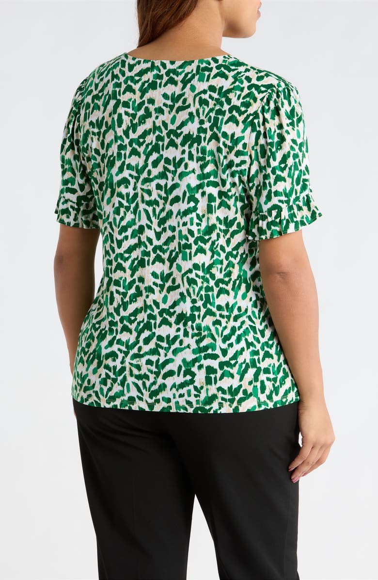 AK ANNE KLEIN Ruffle V-Neck Top, Alternate, color, Tropical Green Multi