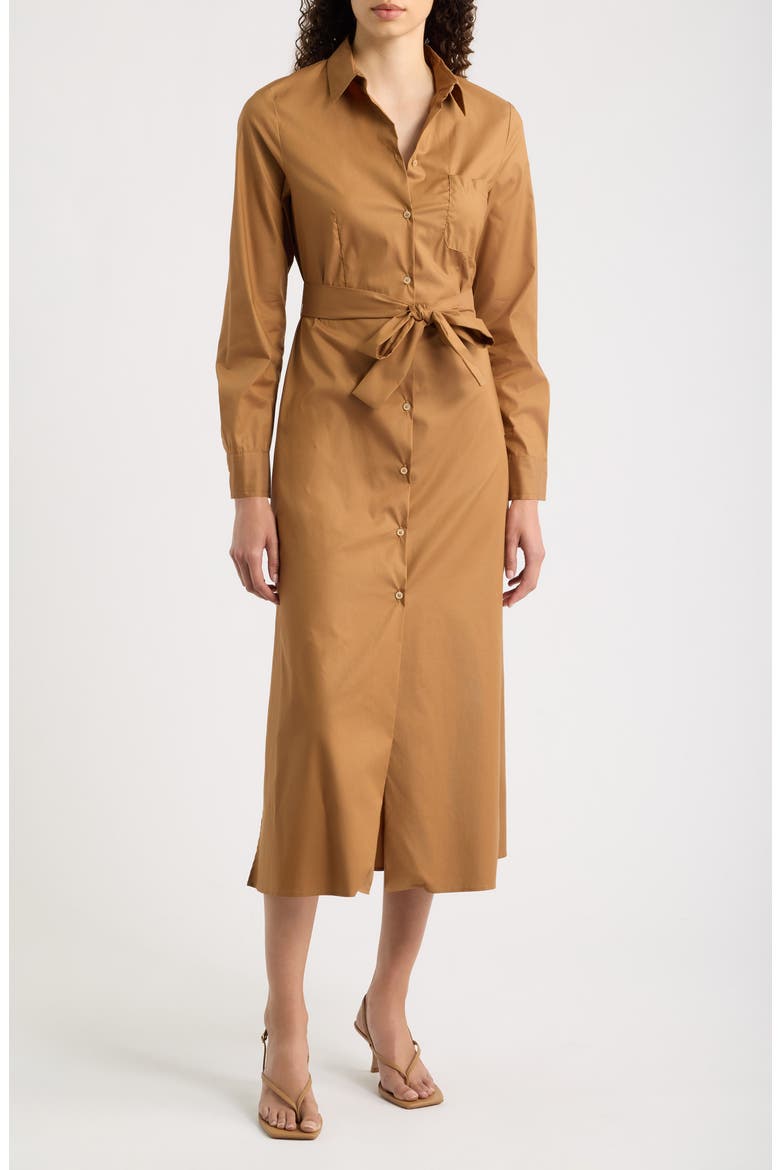 Long Sleeve Belted Midi Shirtdress, Main, color, COGNAC